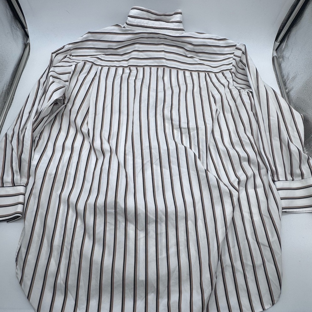 Lands' End No Iron White With Navy/Tan Striped Button Down‎ Shirt, Size Large - Picture 4 of 13